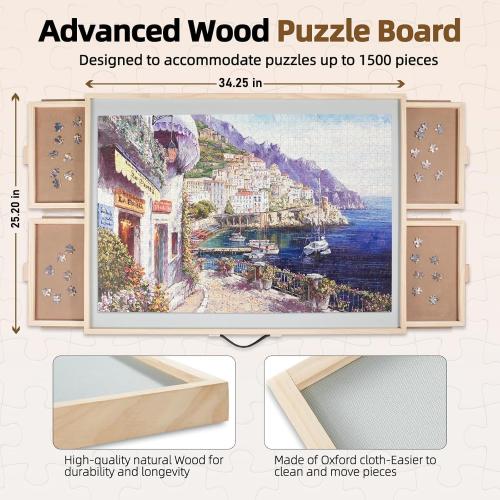 ALL4JIG 1500 Pieces 2-in-1 Tilting & Rotating Puzzle Board for Adults Gifts, Wooden Jigsaw Puzzle Table with 4 Drawers, Portable Board with Lazy Susan and Cover, 25.2 x 34.2