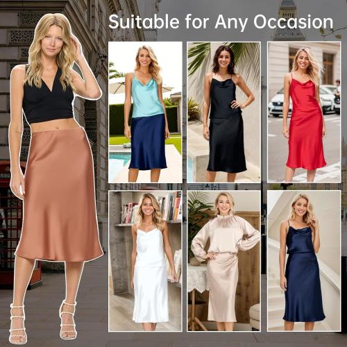 Size S Women Solid High Waist Silky Casual Elastic Satin Midi Skirt -Made in USA (Available in Plus Size)