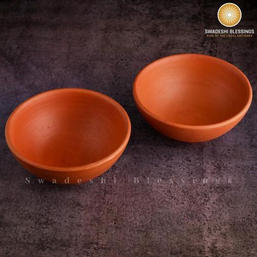 SWADESHI BLESSINGS Exclusive Range Unglazed Clay Serving Bowl Set/Terracotta Bowls/Earthen Snack Bowl/Small Yogurt Pots/Mud Bowls, 4.5Inches(Set of 2)one spoon and the plate