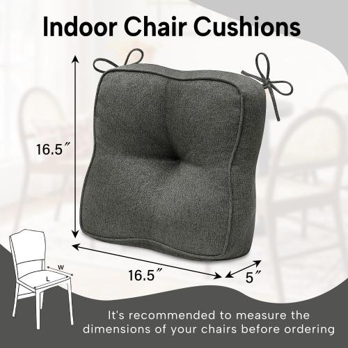 downluxe Thickened Chair Cushions for Dining Chairs Set of 4, Kitchen Chair Cushions with Ties and Non Slip Backing, Tufted Chair Pads 4 Pack, 16.5X 16.5 X 5, Dark Grey