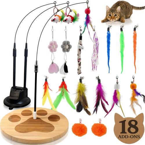 Cat Toys for Indoor Cats, Interactive Cat Toy Wand, Kitten Stuff, 18 Lures | Heavy Stable Base Prevents Toppling, Dual Suction Cup For Extra Play Options, Trigger natural feline hunting instincts today