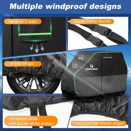 QUNSUNUS Waterproof Golf Cart Cover 2/4/4 2 Passenger for Yamaha, Honda, Club Car, EZGO, All Weather Golf Cart Rain Covers with Zipper and Straps for Wind, Sun and Dust Protection