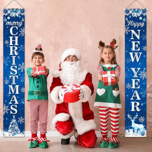 Blue Christmas Porch Banner - Merry Christmas Door Decorations for Blue Holiday Xmas Party