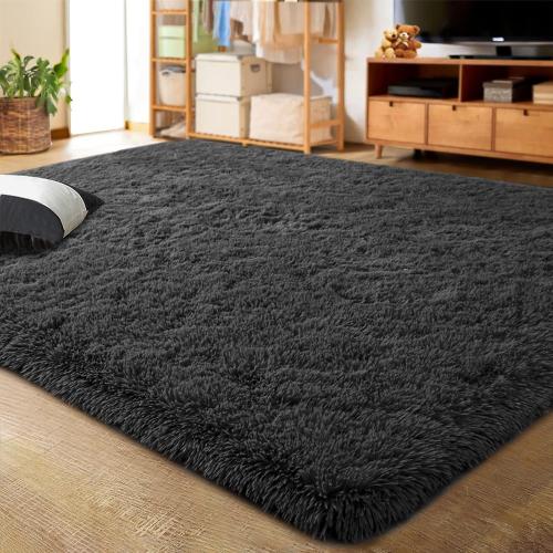 LOCHAS Ultra Soft Indoor Modern Area Rugs Fluffy Living Room Carpets for Children Bedroom Home Decor Nursery Rug , Dark Grey