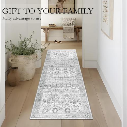 Washable Runner 2x6, Boho Entryway Rug for Hallway, Kitchen, Bedroom, Bathroom - Soft Grey, Non Slip, Long Floral Vintage Distressed Carpet for Living Room