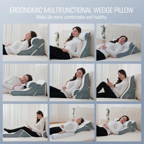 White Wedge Pillow Headboard Orthopedic Bed Wedge Pillows Set Adjustable Memory Foam for Acid Reflux Relief Ergonomic Incline Reading Pillow for Back Pain