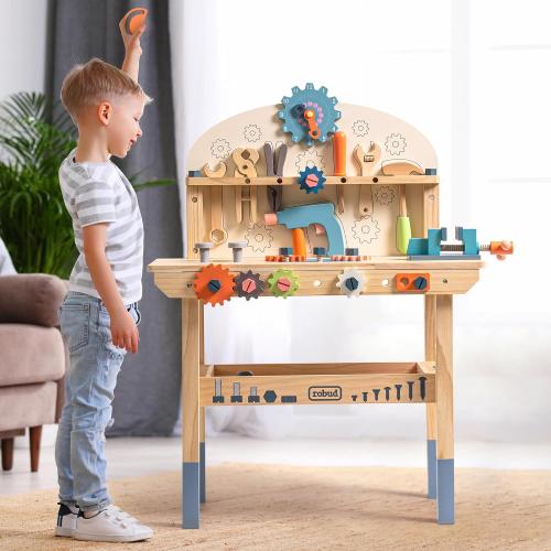 Toywood Large Wooden Play Tool Workbench Set for Kids Toddlers, Construction Workshop Tool Bench Toys Gift, Multicolor