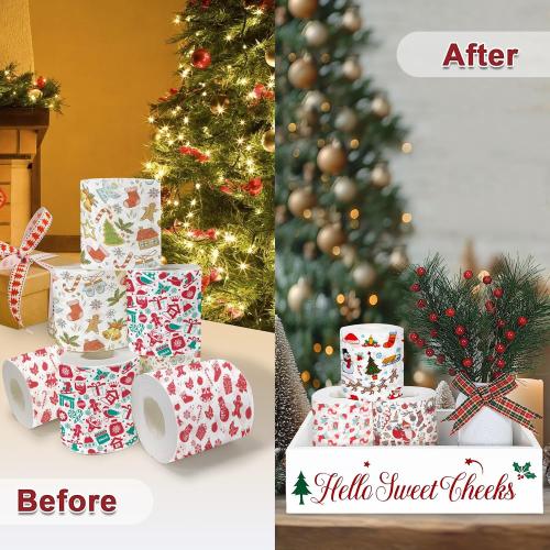 Funny Christmas Bathroom Decor Wooden Storage Box Farmhouse Christmas Decor Toilet Paper Holder Holiday Toilet Paper Holder with Xmas Tree for Bathroom Toilet Tank Organizer Storage Box Xmas Gift