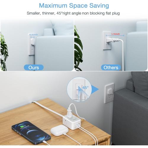 Small Flat Plug Power Strip, TESSAN Ultra Thin Extension Cord with 3 USB Wall Charger (1 USB C), 3 Outlets Mini Charging Station, 5 ft Slim Plug for Cruise Travel Office School Dorm Room Essentials
