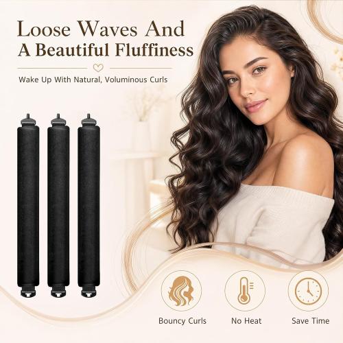 Luckybear Heatless Curls Overnight, Jumbo Curling Flexi Rods, 3PCS Black