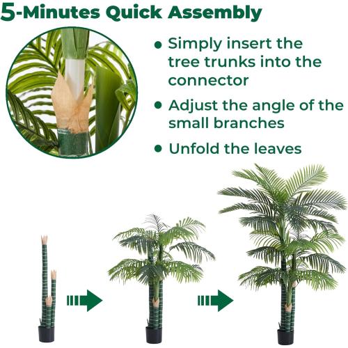 6FT Tall Triple Golden Cane Palm Tree (1 Pack), Large Faux Plants, UV Resistant Indoor/Outdoor Fake Plant in Black Cement Pot - Realistic Tropical Decor for Patio, Living Room, Office