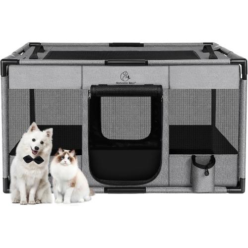 Dog Playpen,Fabric Fence, Portable Soft Cat Kennel Crate,Breathable Exercise Puppy Pen,PVC Pipe Frame,Indoor Outdoor Cage for Small Animals Under 25 Ibs with Carrying Case(Grey M)