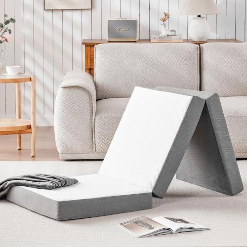 Foldable Mattress Single 4 Inch Tri-Folding Memory Foam Topper with Storage Bag & Blanket, Portable Trifold Mattress Breathable Washable Cover for Camping, Guest, Floor (75x25x4)