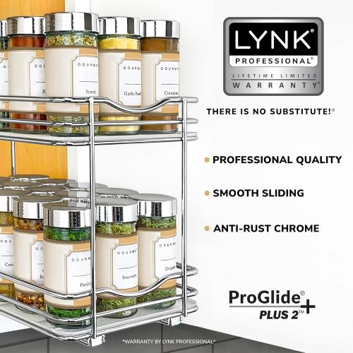 LYNK PROFESSIONAL® Pull Out Spice Rack Organizer for Inside Kitchen Cabinets - 6-3/8 inch Wide - Slide Out Drawer – Chrome Sliding Spice Organization for cabinet - Spice Racks - 2 Tier