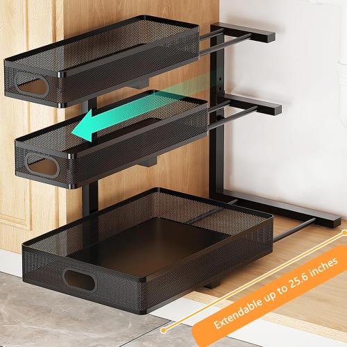 Under Sink Organizer, 3-tier Under Sink Storage Organizer Adjustable Height Easy Assembly Pull Out Cabinet Organizers Basket for Bathroom Kitchen Pantry Home Organization