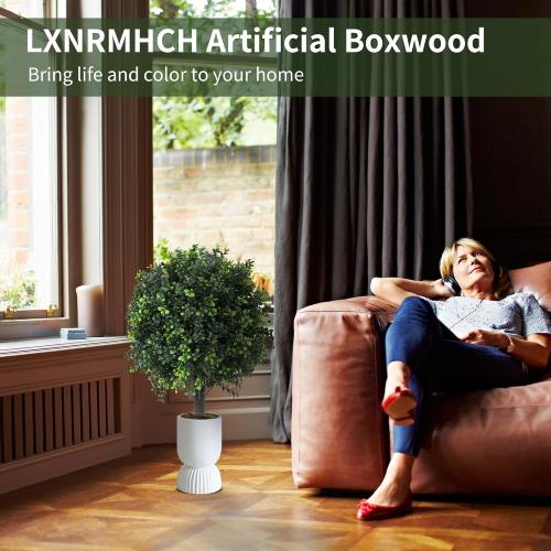 27.2 Artificial Boxwood Topiary Set of 2 with Spike, Fake Plants Boxwood Balls Greenery Bushes, Uv Resistant Artificial Outdoor Plants Shrubs for Front Porch Decor, Home Faux Plants Indoor