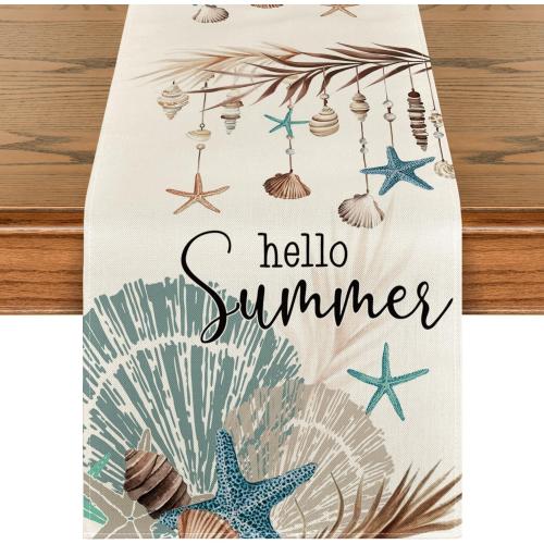 Artoid Mode Conch Starfish Hello Summer Table Runner, Sea Shell Seasonal Kitchen Dining Table Decoration for Home Party Decor 13x60 Inch