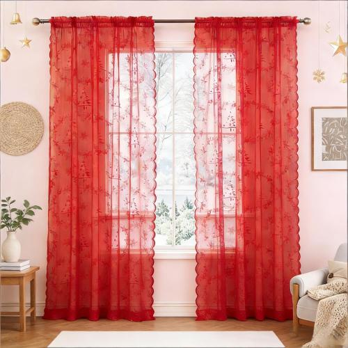 Christmas Lace Curtains 84 Inches Long for Living Room Red