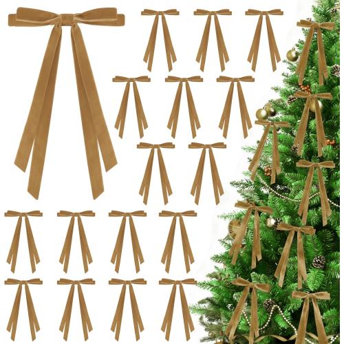 24 Pcs Christmas Bows for Tree, Light Brown Velvet Ribbon Bow for Christmas Tree, Pre-Tied Vintage Xmas Bows for Xmas Trees Wreaths Gifts Wedding Indoor Outdoor Decorations, 5 x 7 Inch