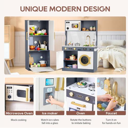 Kids Kitchen Playset with Realistic Design, Luxury Play Kitchen with Extended Storage Cabinets, Toy Kitchen for Toddlers with Coffee Counter, Cookware Accessories, Oven, Microwave (Dark Gray)
