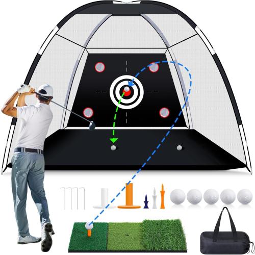 MoKo Golf Net with Practice Mat, 10 x 7 ft Golf Hitting Net for Outdoor Indoor Backyard Driving Chipping Swing Training, All-in-One Multi-Target Training Aid Practice Nets with Tri-Turf Mat & Balls