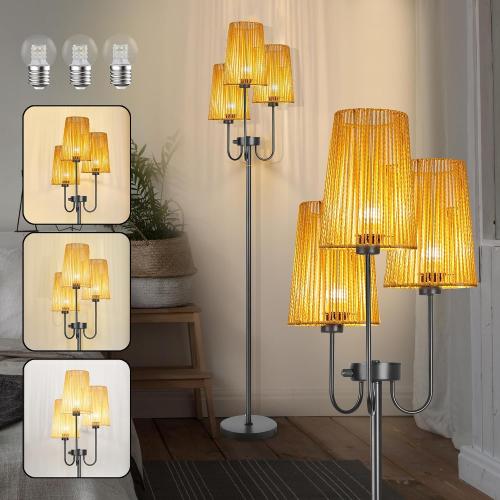 Boho Floor Lamp for Living Room, 3 Light Farmhouse Floor Lamps with Cage Rattan Shade & 7W LED Bulbs, Black Rustic Tree Standing Tall Lamp for Bedroom Corner,65,3 Color Temperature