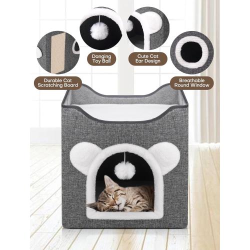 Cat Houses for Indoor Cats, Large Cat Cave with Fluffy Ball and Scratch Pad, Covered Cat Bed House, Foldable Cat Hideaway