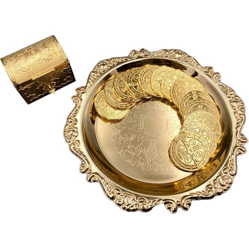 NH 24K Gold Plated Wedding Unity Coins with Tray and Treasure Box, Classic Arras Ceremony Souvenirs, Beautiful Gift Set Marriage Matrimoniales (San Benito)