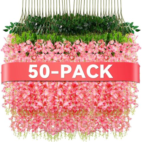Alotiki Wisteria Hanging Flowers,50 Pack Fake Hanging Flowers,Wisteria Artificiales Garland for Home Wedding Arch Floral Party Garden Ceremony Outdoor Decor,3.6 Feet Long(50,Pink)