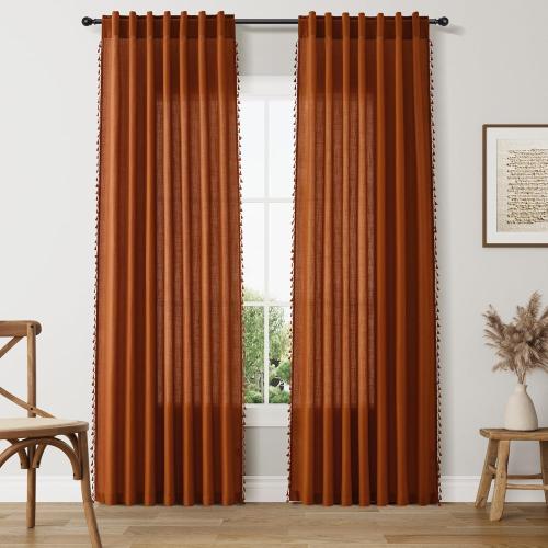 SMABU Terracotta Boho Linen Curtains 84 Inches Long 2 Panels Set, Light Filtering Semi Sheer Drapes with Back Tab & Rod Pocket, Tassel Decor for Bohemian Farmhouse Living Room, Bedroom, 52x84