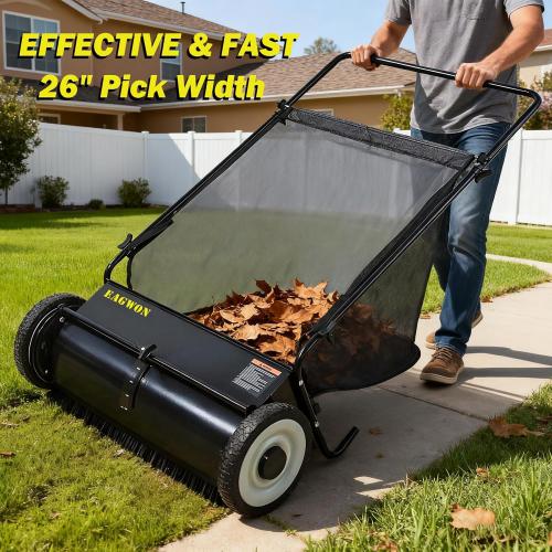 Push Lawn Sweeper, 26-Inch Width, 7 Cu. Ft. Hopper Capacity, 4 Spinning Brushes, Adjustable Height, Durable Steel Frame with Rubber Wheels, Ideal for Leaves and Grass