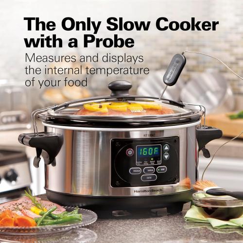 Hamilton Beach Portable 6 Quart Set & Forget Digital Programmable Slow Cooker with Lid Lock, Temperature Probe, Dishwasher Safe Crock & Lid, Stainless Steel (33969A)