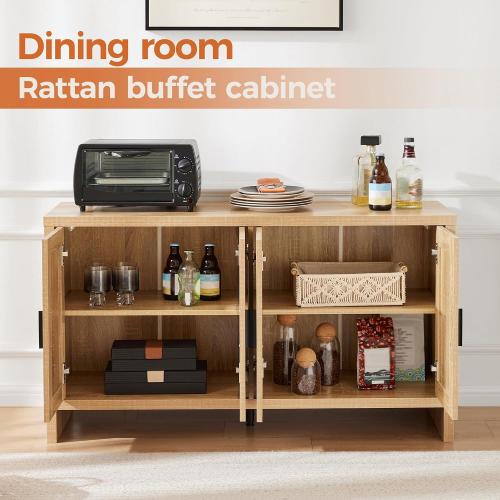 Mericonia Rattan Buffet Cabinet with Storage, Sideboard Cabinet with Doors and Adjustable Shelves, Farmhouse Coffee Bar Station Table, Modern Wood Cupboard for Kitchen, Livingroom and Dining Room