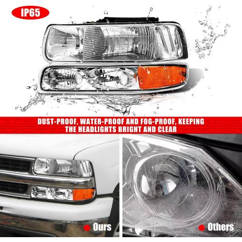 ADCARLIGHTS Headlight Assembly for 1999 2000 2001 2002 Chevy Silverado 1500 2500/1500HD 2500HD 3500/2000-2006 Tahoe/Suburban Chrome Housing Amber Reflector Pair