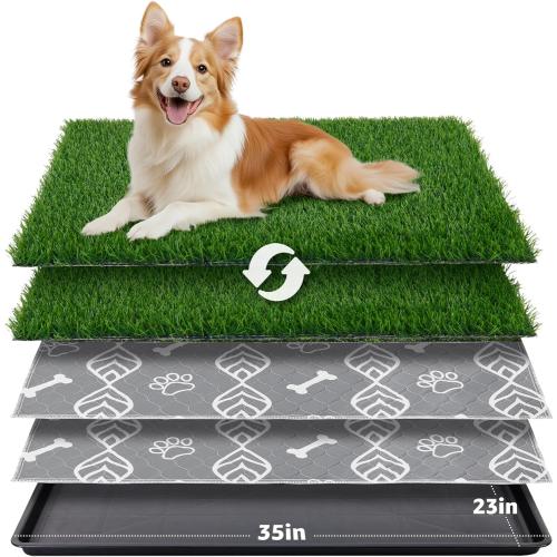 LOOBANI Large Dog Grass Pad with Tray - 35x23in Dog Litter Box with 2 Artificial Grass Patch   2 Washable Pee Pads - Quickly Absorbency Indoor Outdoor Potty for Patio Balcony Apartment Use
