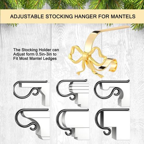 4 Pcs Christmas Bow Stocking Hangers Holder Mantle Metal Hooks Gold Christmas Stocking Clips Classic Shelf Garland Hangers for Counter Window Fireplace Xmas Party Decoration
