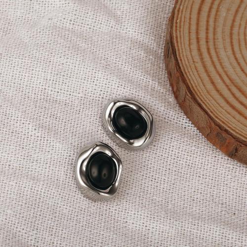 Gold Earrings for Women Oval Stud Trendy 14K Gold Plated Black Brown Stone Earrings Hypoallergenic