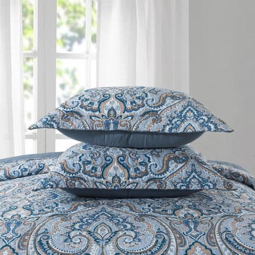 Blue and Brown Cotton Bedspread Quilt Sets-Reversible Patchwork Coverlet Set, Floral Pattern