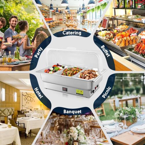 Electric Chafing Dish, 3 x 3QT Size Electric Chafing Dish Buffet Set with Rotary Knob Adjustable Temp, 700W Electric Buffet Servers and Warmers with Roll Top for Catering