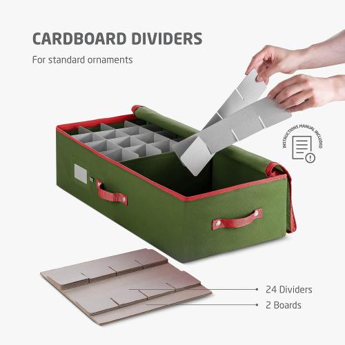 ZOBER Underbed Christmas Ornament Storage Box - Stores 64 3 Ornaments, With Dividers - Tear Proof 600D Oxford Fabric, Ornament Organizer Storage Box, Durable Christmas Containers Holder - Green