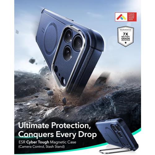 ESR for iPhone 17 Pro Case with Stash Stand, 7X Military-Grade Drop Protection with Camera Control, Shock-Absorbing Phone Rugged Cover, Compatible with MagSafe Accessories, Cyber Series, Blue