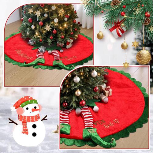 Elf Christmas Tree Skirt 24 Inch Velvet Christmas Tree Skirt with Candy Striped Legs Red and Green Tree Rug Xmas Tree Stand Mat for Christmas Tree Farmhouse Party Decorations