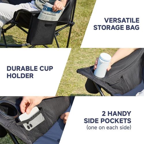 Oversized Folding Rocking Camping Chair, Padded Portable Rocking Chair with Pockets, Cup Holder and Carry Bag, Heavy Duty Outdoor Rocker Patio Chair for Garden, Lawn, Up to 400lbs, Navy Blue