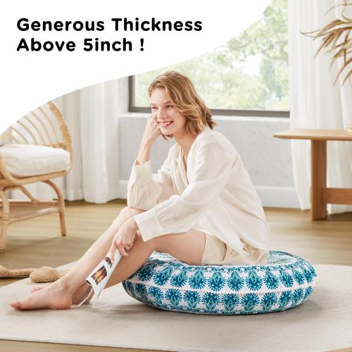 Codi Meditation Floor Pillow Set of 2, Round Large Pillows Seating for Adults, Bohemian Mandala Circle Cushion for Outdoor Fireplace Yoga Living Room, 32 Inch, Memory Foam Added, Aqua