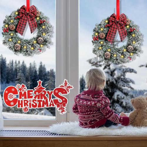Geosar 3 Pcs Lighted Christmas Wreath, 13.8 Inch LED Christmas Wreaths with Buffalo Check Bow Pine Cone Berry, Small Lighted Xmas Window Wreaths for Front Door Wall Party Decor (Frosted)