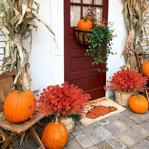 RECUTMS 12 Bundles Artificial Plastic Flowers for Outdoors UV Protected Artificial Fake Flowers Bulk For Fake Plastic Plants Bulk Indoor Outdoor Greenery Used For Party Home Garden Decoration (Autumn)