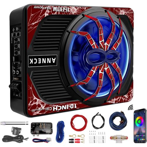1600W 10 Slim Under Seat Subwoofers with Built-in Amp | LED Ambient Light, Deep Bass, Individual Controls (LPF/Gain/Bass Boost), High Output Distortion-Free Audio, Suitable for All Vehicle Models