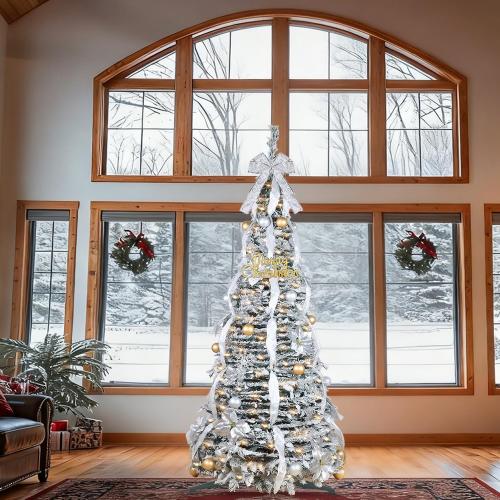 6 Ft Flocked Pop up Christmas Tree,Prelit 200 LED Lights,Opens Instantly,Fully Decorated 80 Ornaments,8 Mode Warm White Light & Timer,Foldable Xmas Tree Fire-Resistant Collapsible Outdoor Indoor Decor