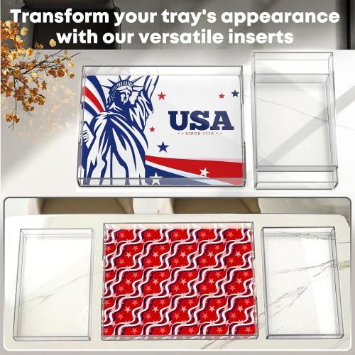 3PCS Acrylic Serving Tray Set with Interchangeable Inserts – Clear Decorative Tray with Handles for Food, Snacks, 4th of July Display, Patriotic Home & Bar Decor