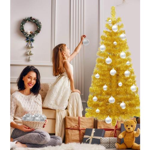 Pre-Lit Artificial Christmas Tree, Warm White Lights, Colorful Lights, Includes Stand, 4 feet (Gold)